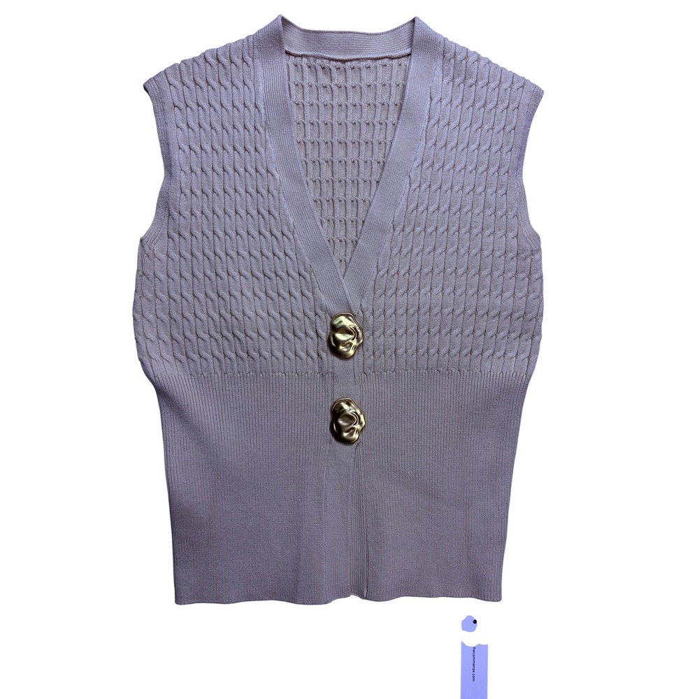 Commense Cable Knit Vest Women XS Beige Gold Button Sleeveless Layering